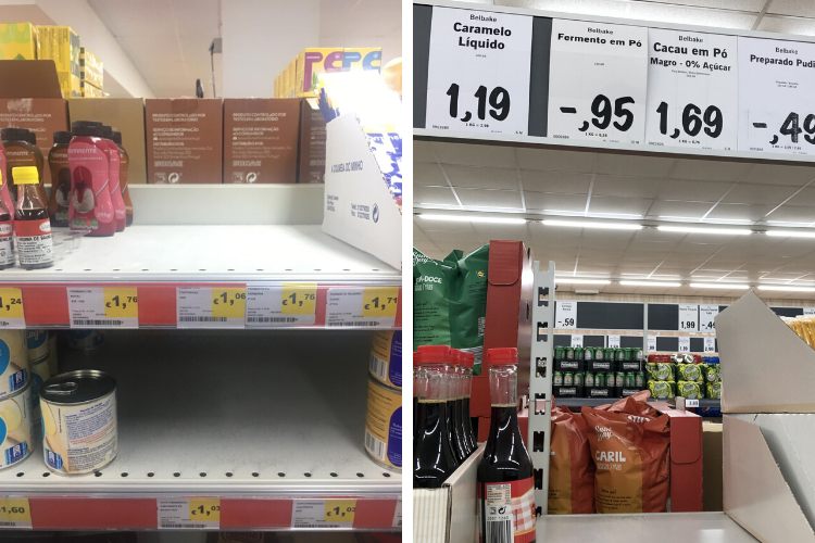 Prateleiras de fermento estão vazias em vários supermercados portugueses | Fotos: Reprodução e Giuliana Miranda/Folhapress